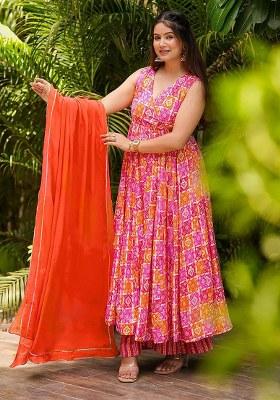 Multi Printed Muslin Anarkali Set