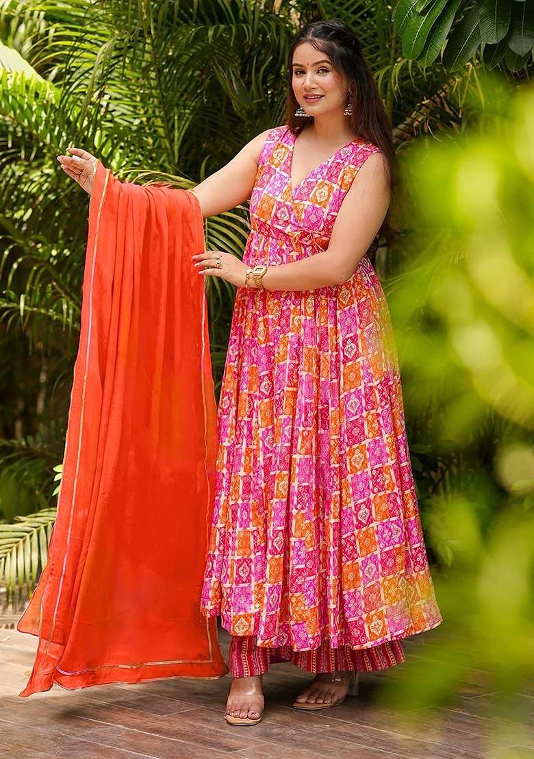 Multi Printed Muslin Anarkali Set - Indya