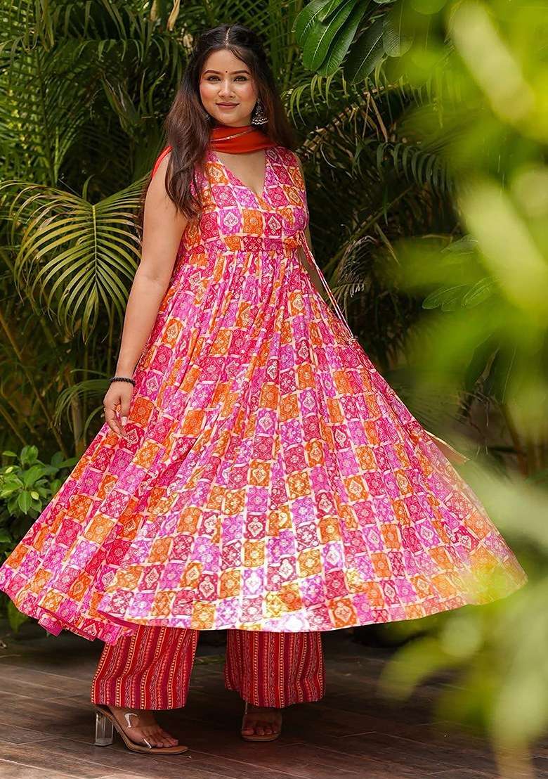 Multi Printed Muslin Anarkali Set - Indya