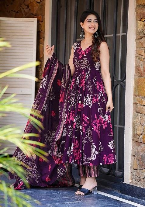 Purple Embroidered Muslin Kurta Set