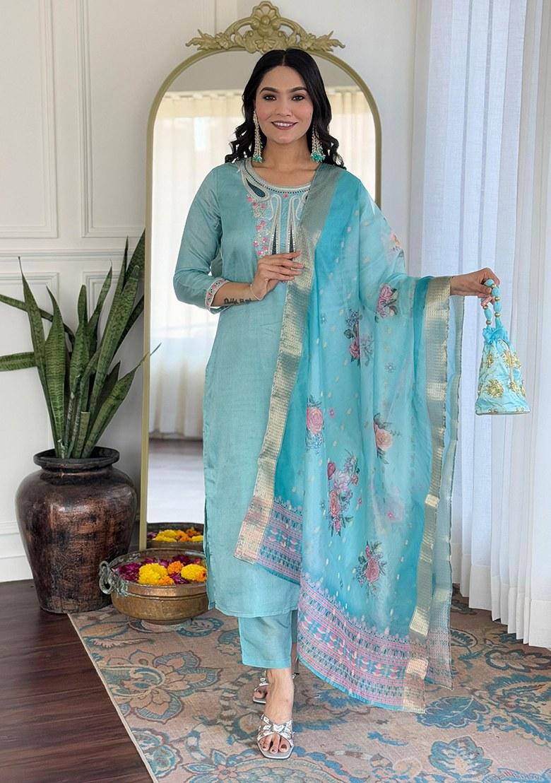 Blue Embroidered Viscose Kurta Set - Indya