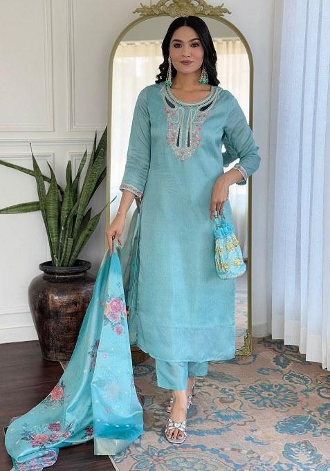 Blue Embroidered Viscose Kurta Set