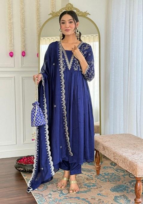 Blue Embroidered Silk Kurta Set