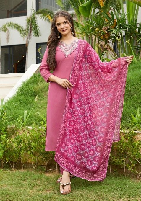 Pink Embroidered Rayon Kurta Set