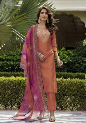 Orange Embroidered Rayon Kurta Set