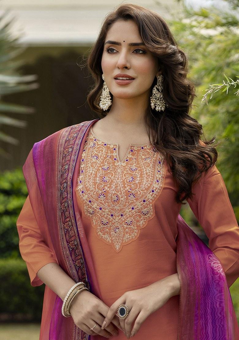Orange Embroidered Rayon Kurta Set - Indya