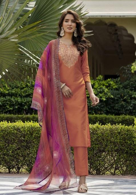 Orange Embroidered Rayon Kurta Set
