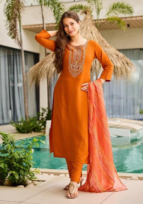 Brown Embroidered Rayon Kurta Set