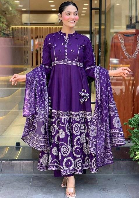 Purple Embroidered Cotton Kurta Set