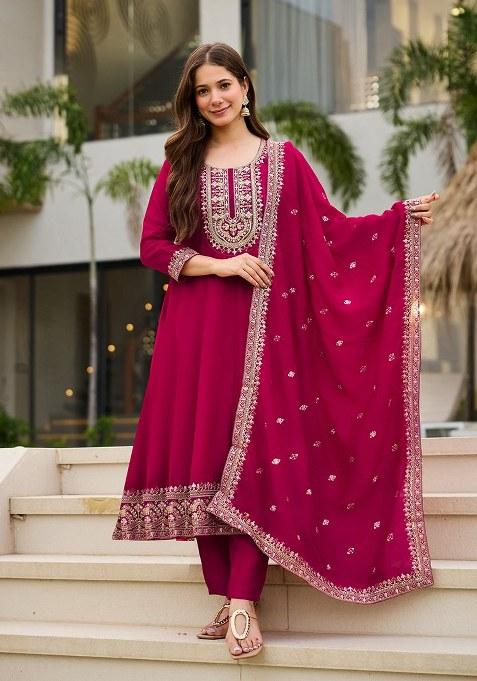 Pink Embroidered Blended Kurta Set
