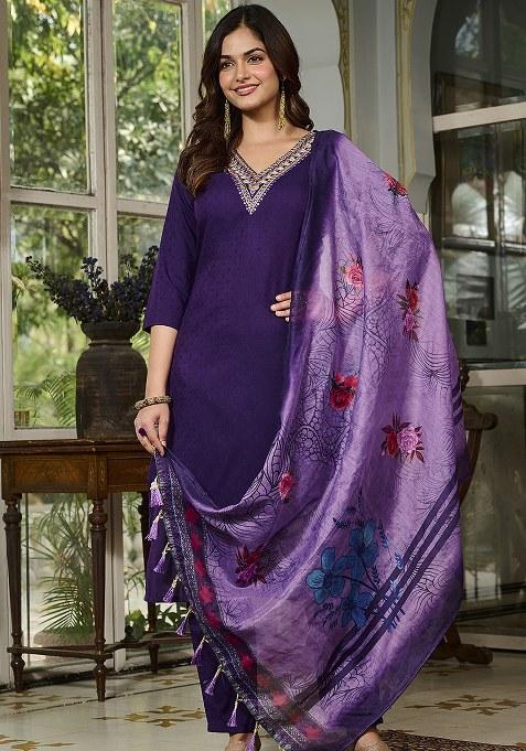 Purple Embroidered Viscose Rayon Kurta Set