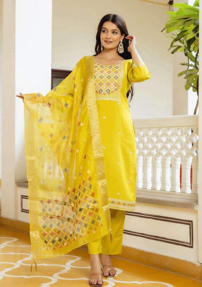 Yellow Embroidered Viscose Shimmer Kurta Set