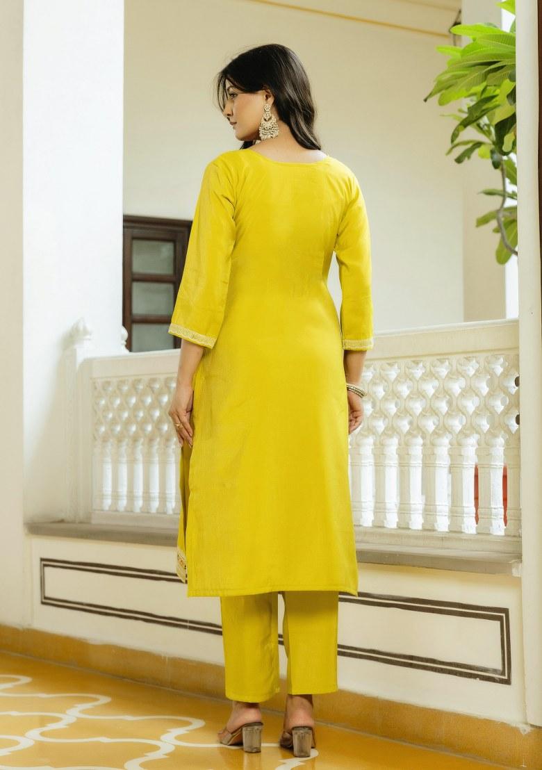 Yellow Embroidered Viscose Shimmer Kurta Set