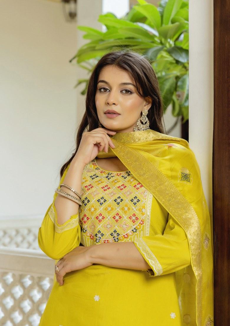 Yellow Embroidered Viscose Shimmer Kurta Set