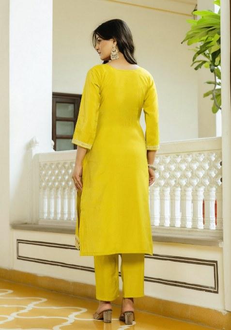 Yellow Embroidered Viscose Shimmer Kurta Set