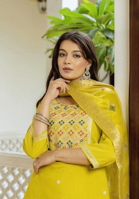Yellow Embroidered Viscose Shimmer Kurta Set
