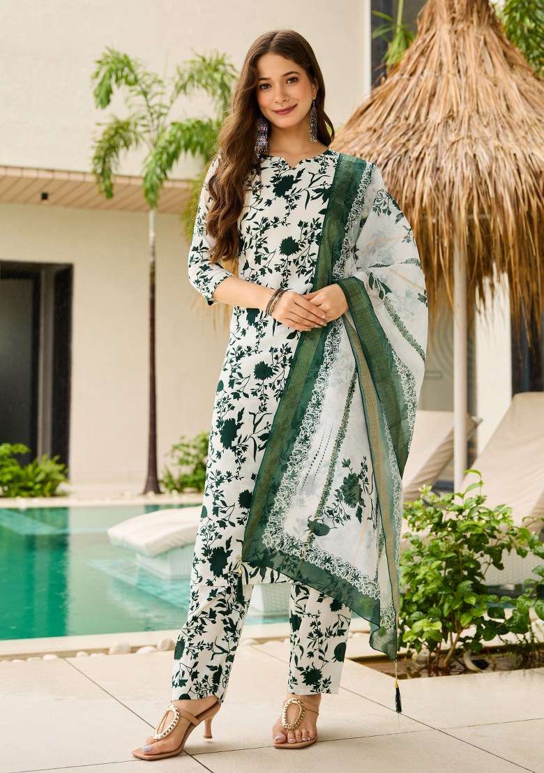 Green Floral Print Silk Blend Co Ord Set - Indya