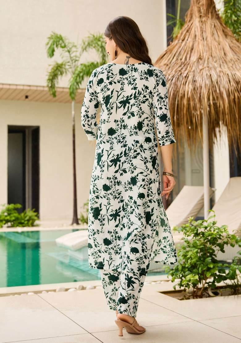Green Floral Print Silk Blend Co Ord Set - Indya