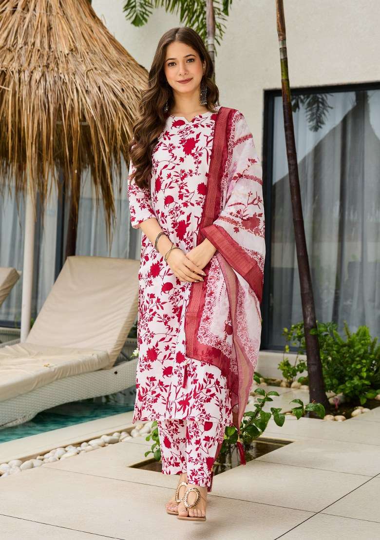 Maroon Floral Print Silk Blend Straight Kurta Set - Indya