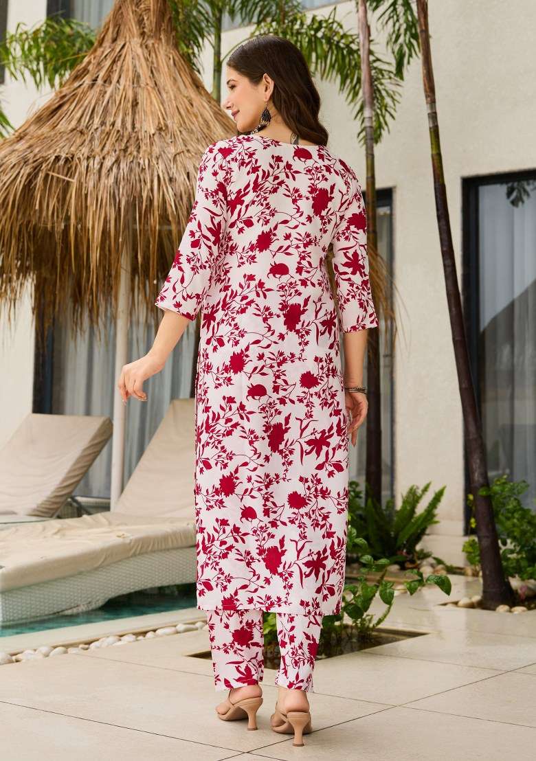 Maroon Floral Print Silk Blend Straight Kurta Set - Indya