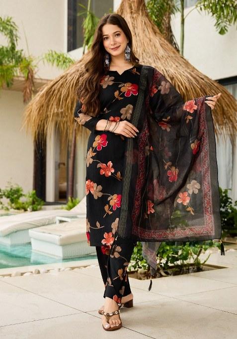 Black Embroidered Silk Kurta Set