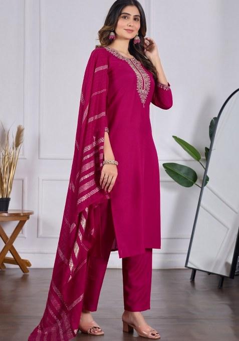 Pink Embroidered Rayon Slub Kurta Set