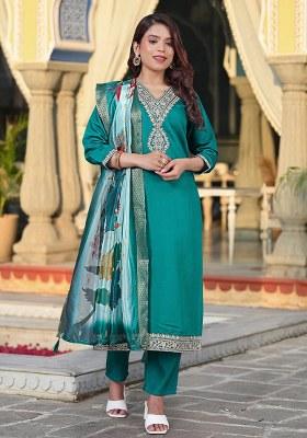 Blue Embroidered Viscose Chanderi Kurta Set