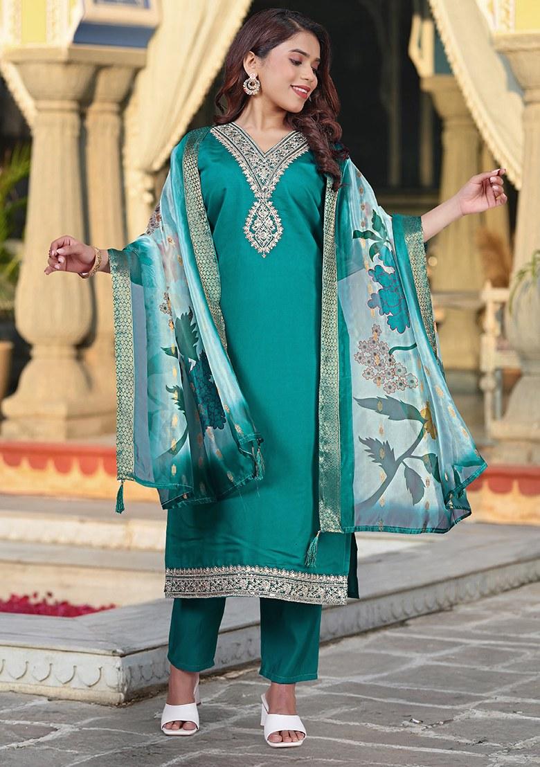 Blue Embroidered Viscose Chanderi Kurta Set - Indya
