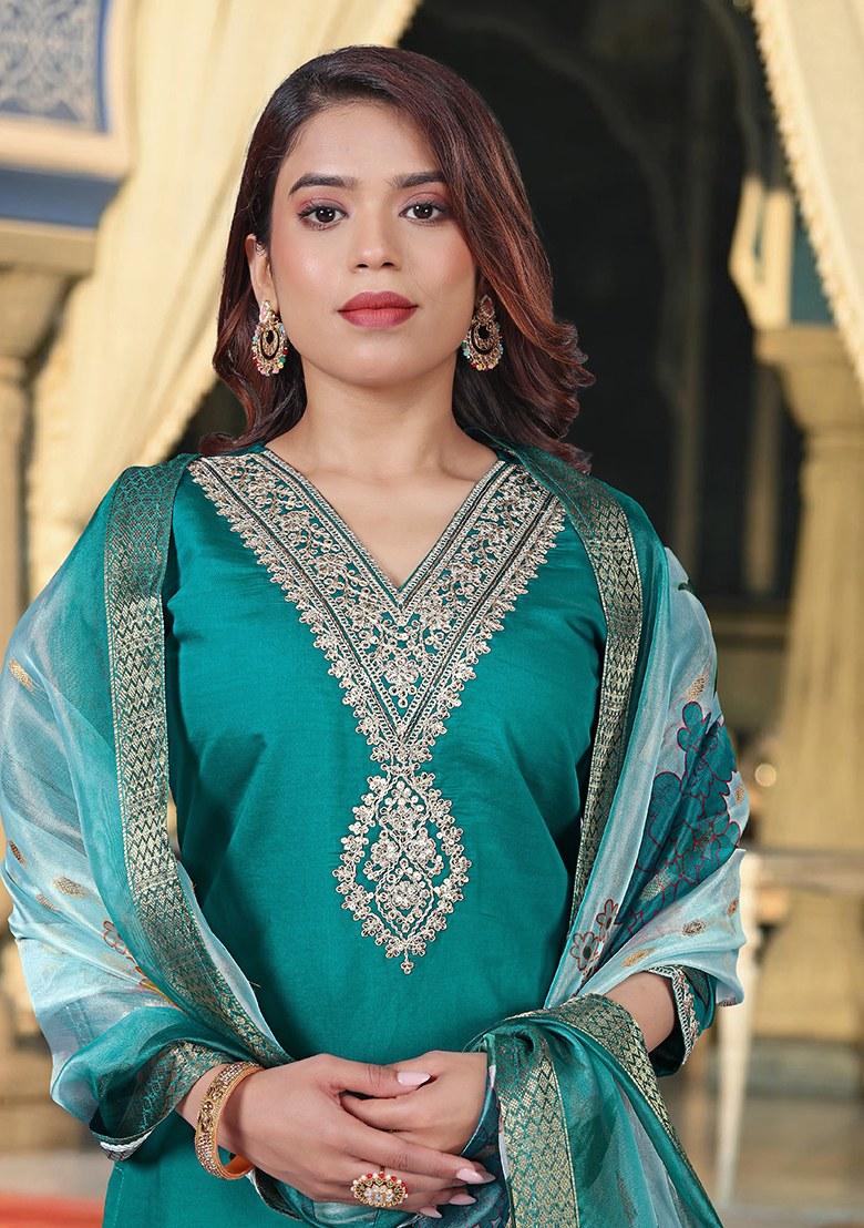 Blue Embroidered Viscose Chanderi Kurta Set - Indya