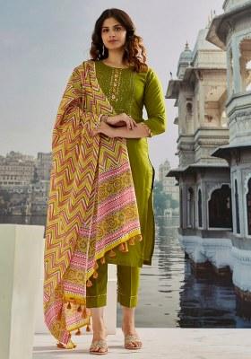 Green Embroidered Cotton Kurta Set