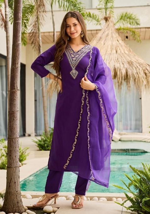 Purple Embroidered Rayon Slub Kurta Set
