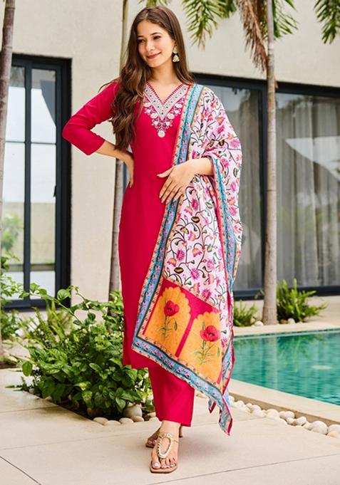 Pink Embroidered Rayon Kurta Set