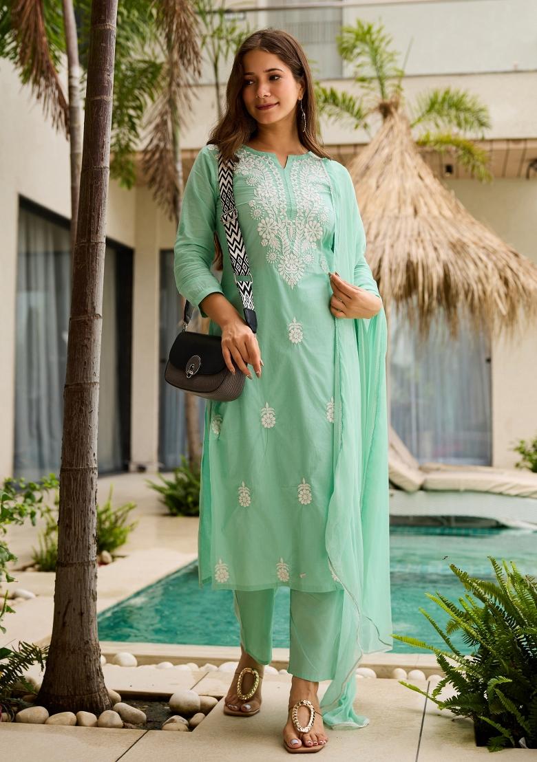 Blue Embroidered Cotton Kurta Set - Indya