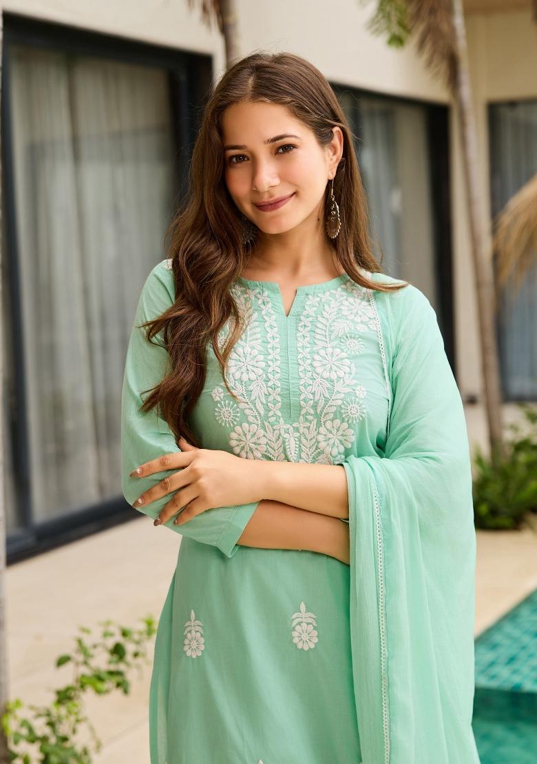 Blue Embroidered Cotton Kurta Set - Indya