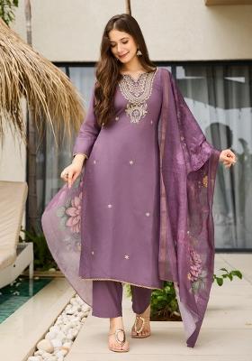 Purple Embroidered Viscose Kurta Set