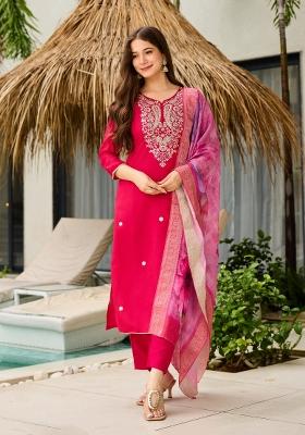 Pink Embroidered Viscose Kurta Set