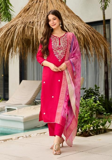 Pink Embroidered Viscose Kurta Set