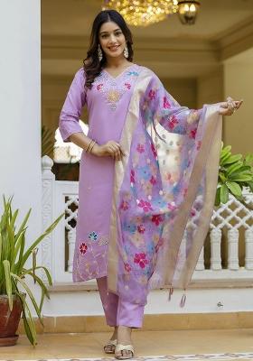 Purple Embroidered Viscose Gadhwal Kurta Set