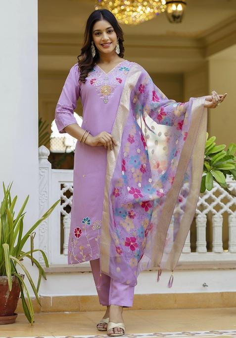 Purple Embroidered Viscose Gadhwal Kurta Set