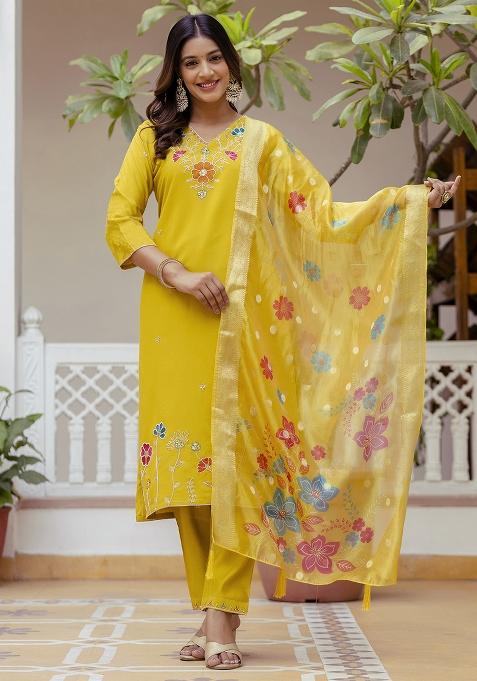 Yellow Embroidered Viscose Gadhwal Kurta Set