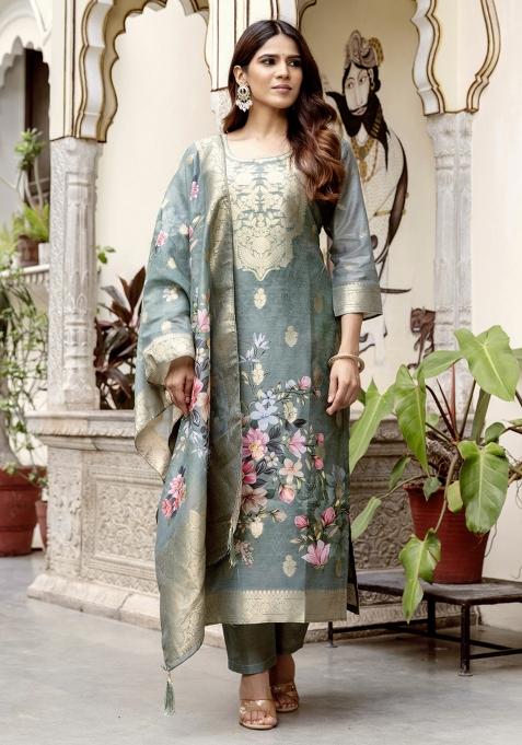 Grey Embroidered Cotton Kurta Set