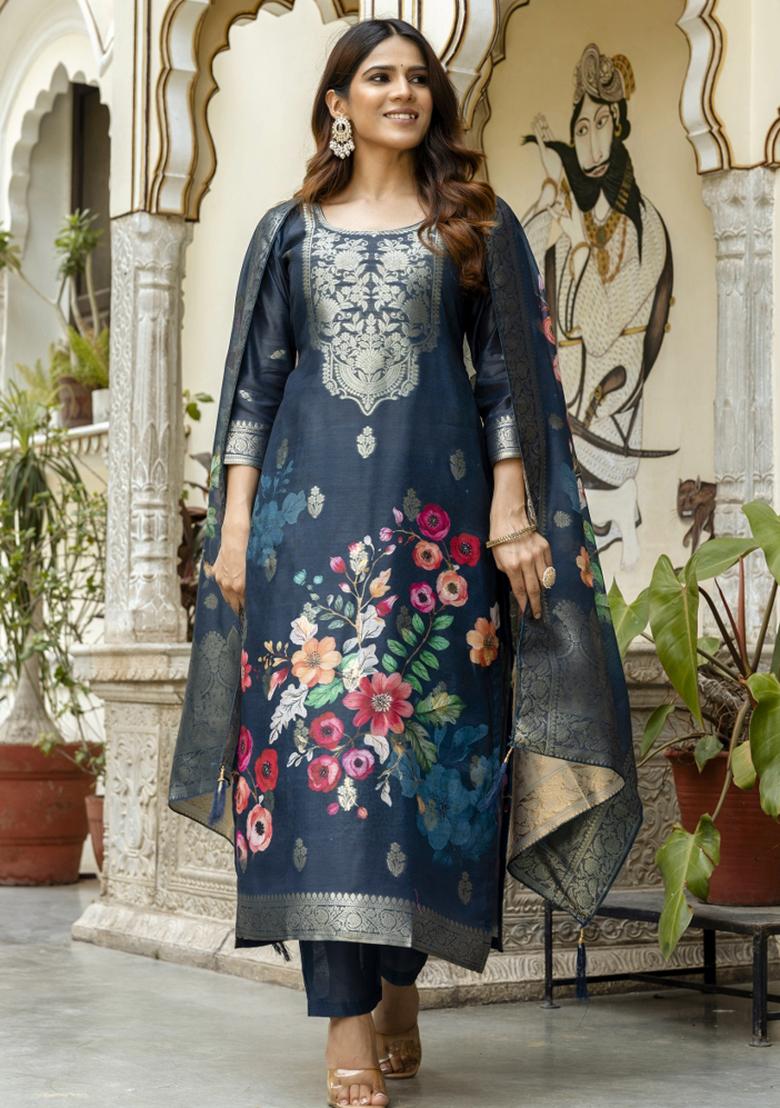 Blue Embroidered Cotton Kurta Set - Indya