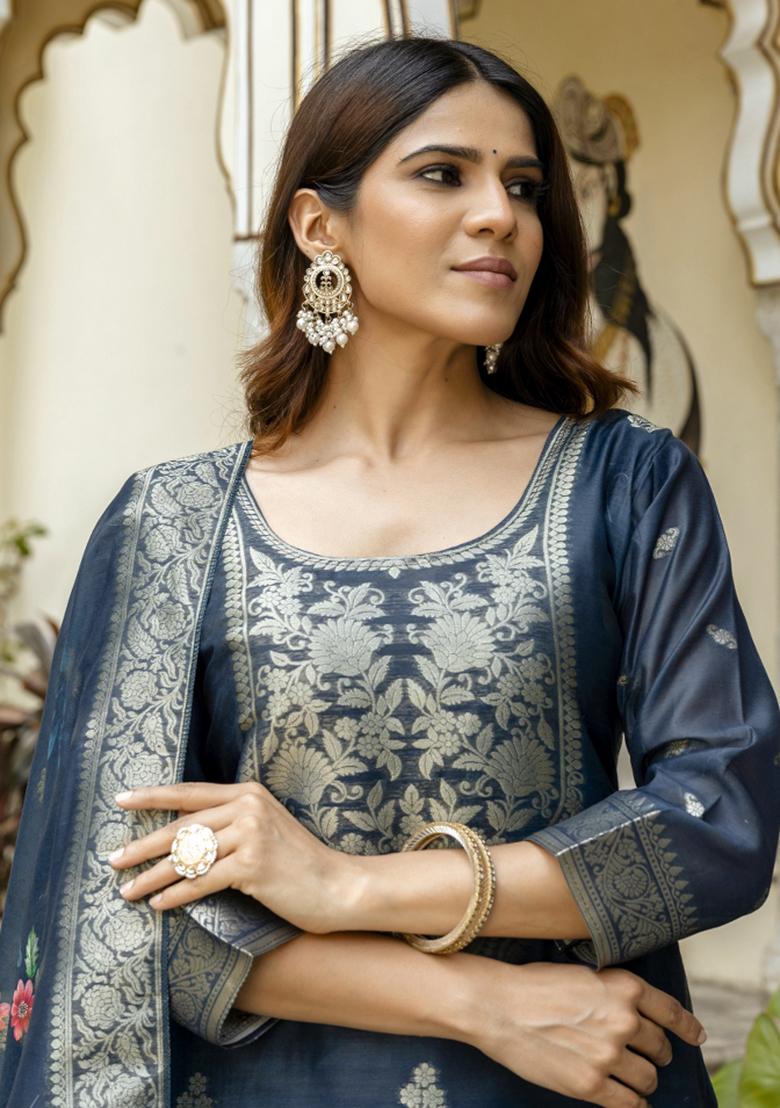 Blue Embroidered Cotton Kurta Set - Indya