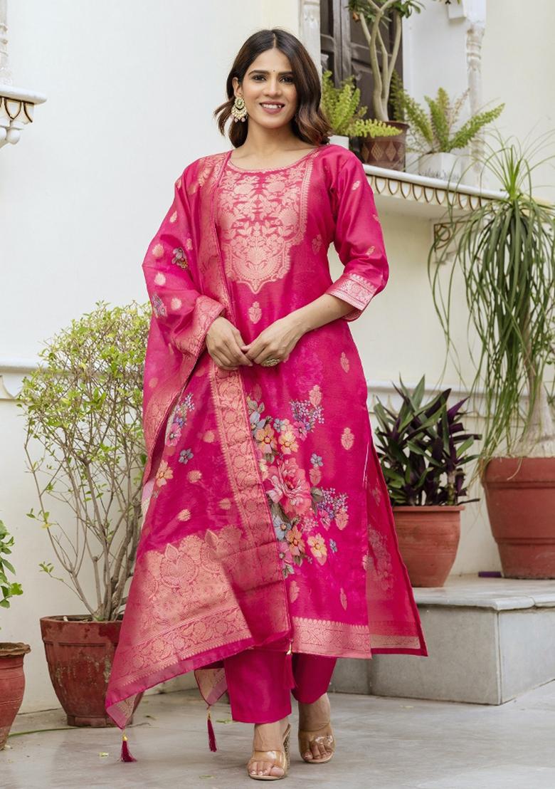 Pink Embroidered Cotton Kurta Set
