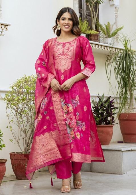 Pink Embroidered Cotton Kurta Set