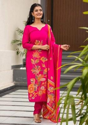 Pink Printed Silk Kurta Set