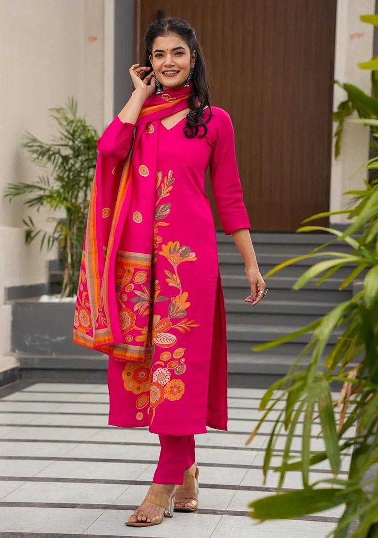 Pink Printed Silk Kurta Set
