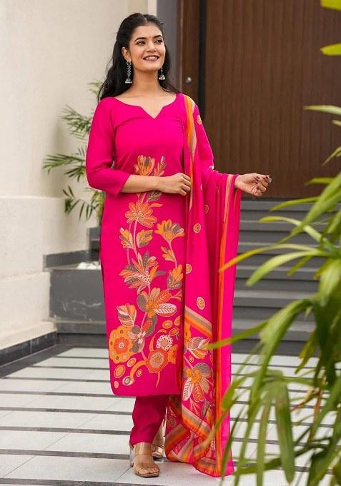 Pink Printed Silk Kurta Set