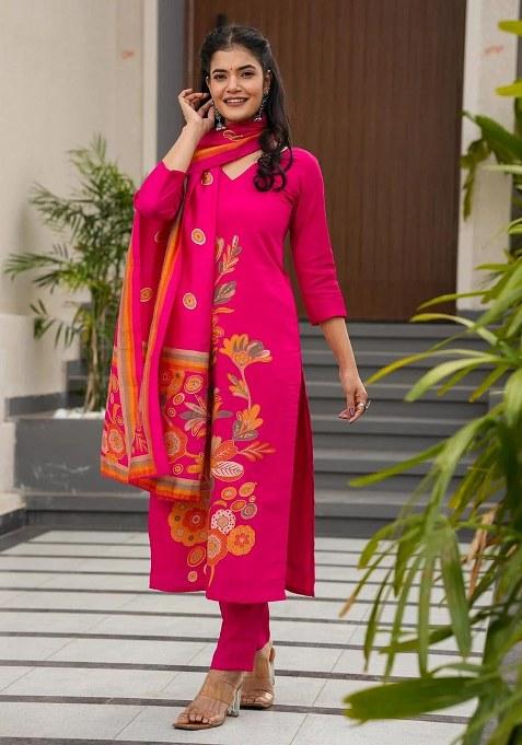 Pink Printed Silk Kurta Set