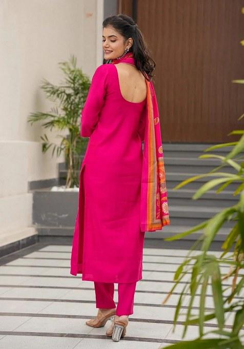 Pink Printed Silk Kurta Set